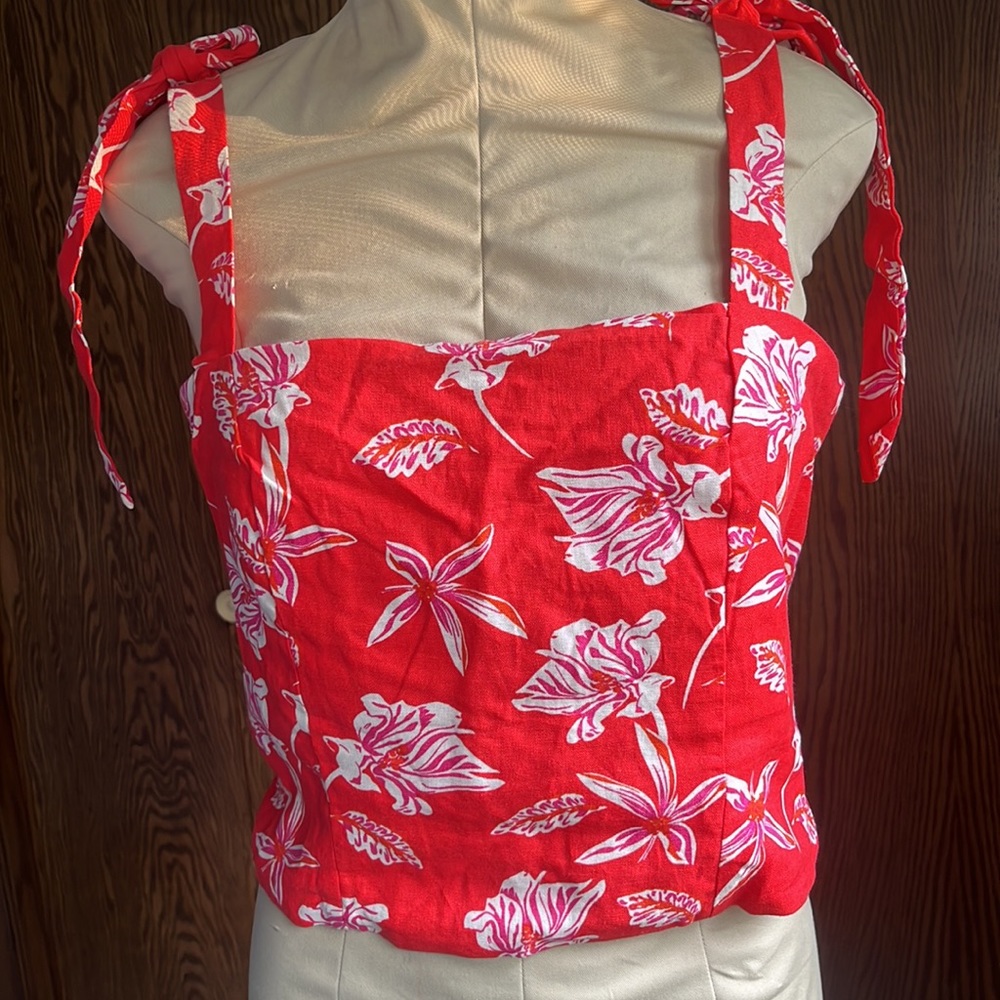 Joie red linen floral crop top